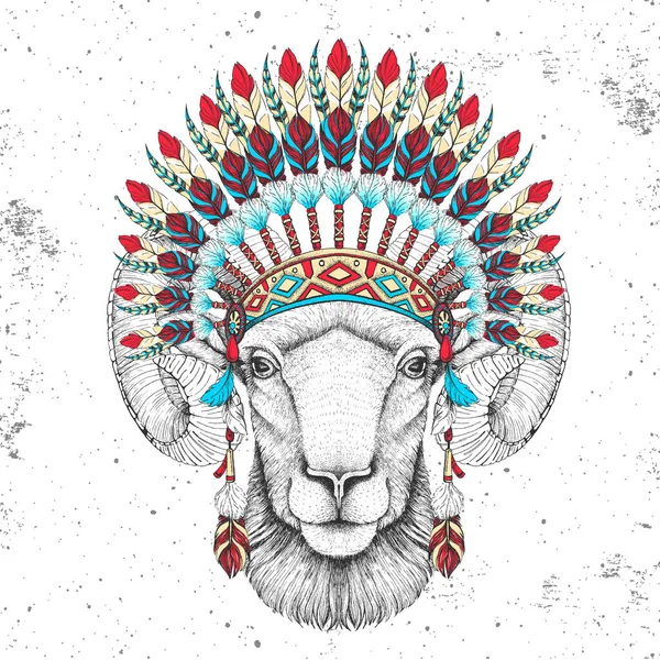 有印度毛头饰的嬉皮士动物公羊或鼠尾草 动物公羊或鼠嘴手绘嘴 — 图库矢量图片