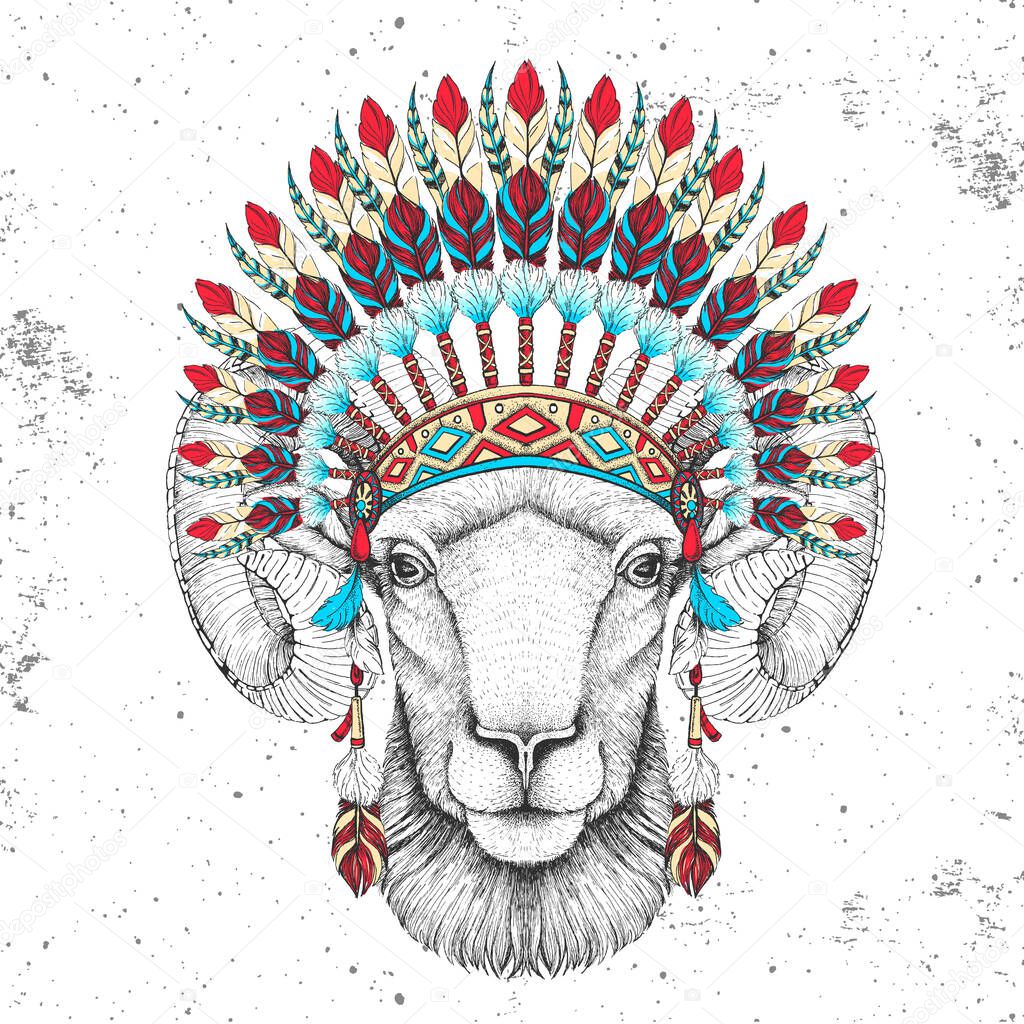 Hipster animal ram or mouflon with indian feather headdress. Hand drawing Muzzle of animal ram or mouflon