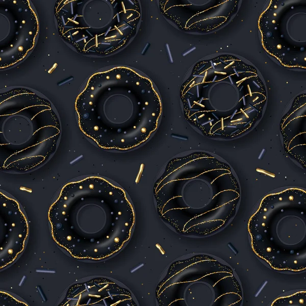 Patrón Sin Costuras Con Rosquillas Dulces Negras Sobre Fondo Oscuro — Archivo Imágenes Vectoriales