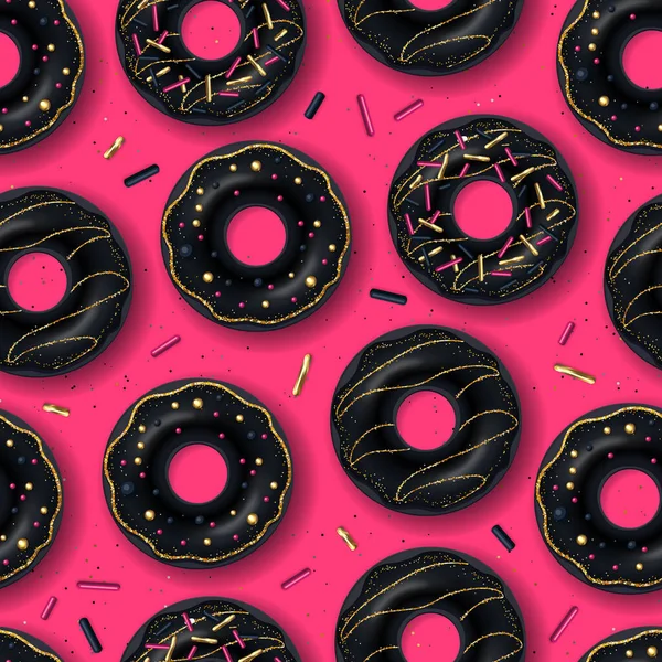无缝隙图案 带有粉红色背景的黑色甜甜甜圈 垃圾快餐背景 — 图库矢量图片