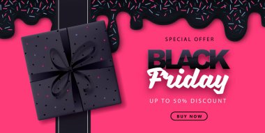 Kara Cuma büyük satış tipografi posteri. Tatlı konfeti pembe arka planlı.