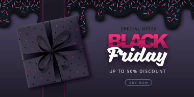 Kara Cuma büyük satış tipografi posteri tatlı konfeti koyu arkaplan