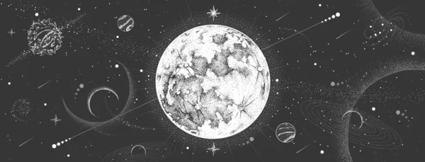 Σύγχρονη Μαγική Κάρτα Αστρολογία Φεγγάρι Στο Διάστημα Φόντο Ρεαλιστικό Χέρι — Διανυσματικό Αρχείο