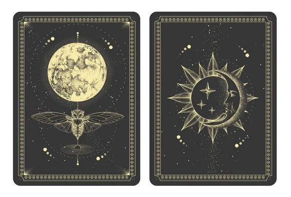 Magia Moderna Taros Brujería Cartas Con Mariposa Luna Llena Sol — Vector de stock