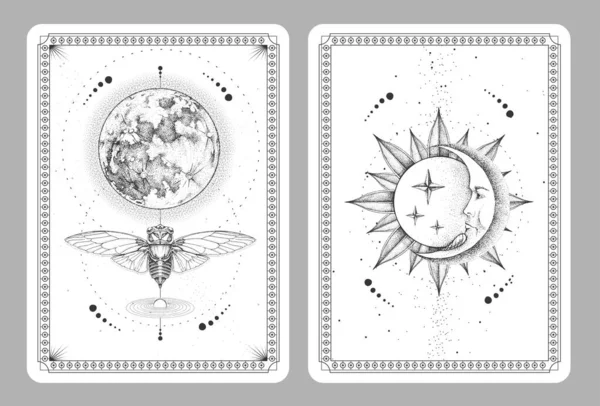蝶と満月と現代の魔法の魔術タロスカード 人間の顔をした太陽と月 ベクターイラスト — ストックベクタ