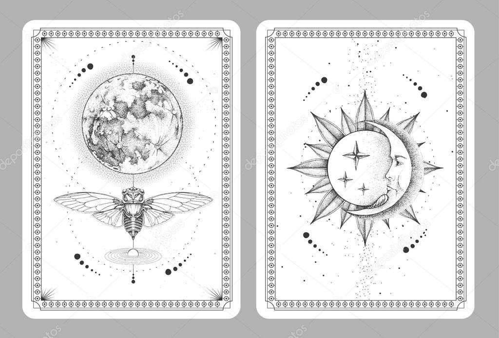 Modern magic witchcraft taros cards with butterfly and full moon. Sun and moon with human face. Vector illustration