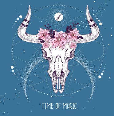 Astroloji arka planında hayvan kafatası olan modern büyücü taros kartı. Vektör illüstrasyonu