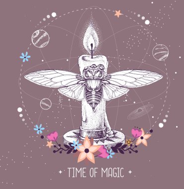 Modern büyü büyücülüğü taros kartı. İçinde kelebek ve astroloji arka planında yanan mum var. Vektör illüstrasyonu