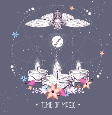 Kelebekli ve astroloji arka planında mum yakan modern büyü taros kartı. Vektör illüstrasyonu