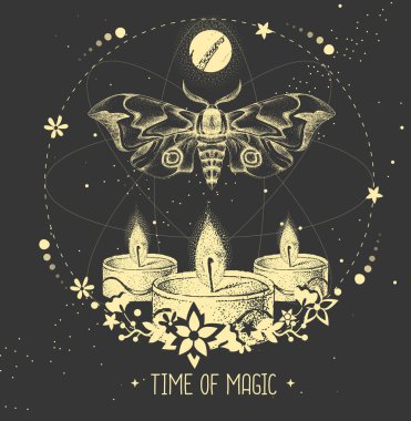 Kelebekli ve astroloji arka planında mum yakan modern büyü taros kartı. Vektör illüstrasyonu