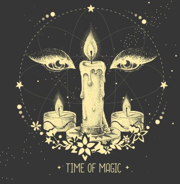 Modern sihirbazlık taros kartı, gözleri ve astroloji arka planında yanan mumlar. Vektör illüstrasyonu