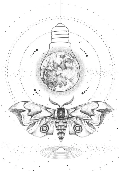外太空背景上的现代魔法巫术塔罗牌 上面有蝴蝶和满月像灯泡 矢量说明 — 图库矢量图片