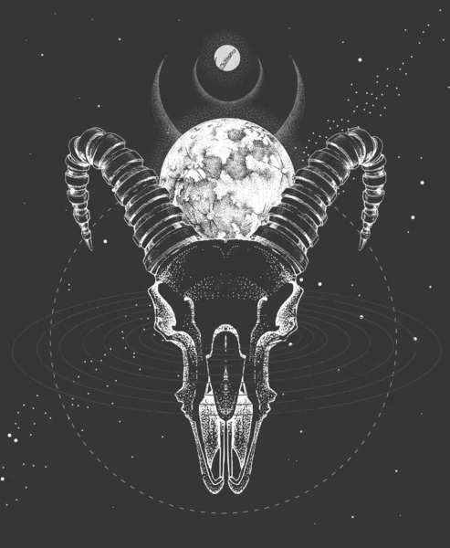 现代魔法巫术方块卡动物头骨和满月的外太空背景 矢量说明 — 图库矢量图片