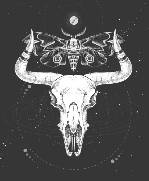 Uzaylı arka planında hayvan kafatası ve kelebek olan modern büyü büyüsü taros kartı. Vektör illüstrasyonu
