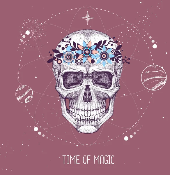 Σύγχρονη Μαγική Κάρτα Taros Μαγεία Ανθρώπινο Κρανίο Αστρολογικό Υπόβαθρο Εικονογράφηση — Διανυσματικό Αρχείο