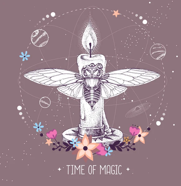 占星術の背景に蝶と燃えるろうそくと現代の魔法の魔女タロスカード ベクターイラスト — ストックベクタ