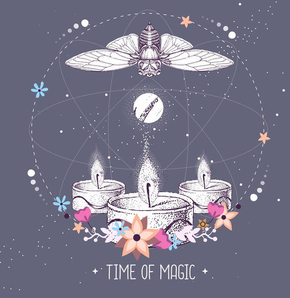 Modern magic witchcraft taros card with butterfly and burning candles on astrology background. Vector illustration