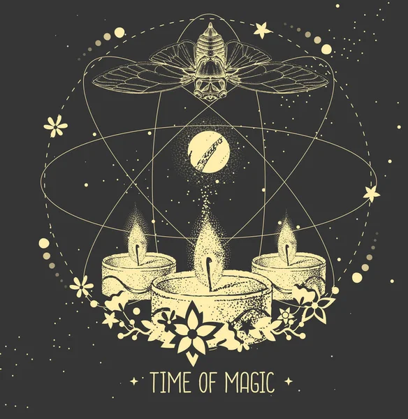 Moderne Magische Hekserij Taros Kaart Met Vlinder Brandende Kaarsen Astrologie — Stockvector