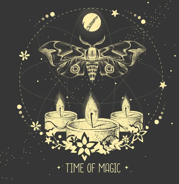 Kelebekli ve astroloji arka planında mum yakan modern büyü taros kartı. Vektör illüstrasyonu