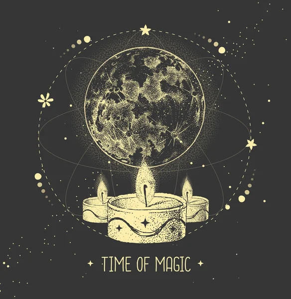 Modern sihirbazlık taros kartı dolunay ve astroloji arka planında mum yakma. Vektör illüstrasyonu