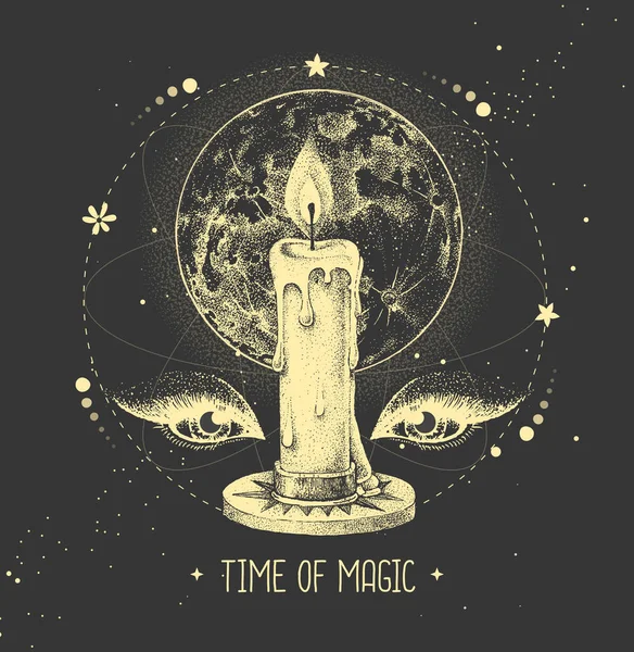 Modern sihirbazlık taros kartı, dolunay ve astroloji arka planında yanan mum. Vektör illüstrasyonu