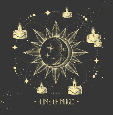 Astroloji güneşi ve insan yüzlü ay işareti olan modern büyü kartı. Gündüz ve gece. Gerçekçi el insan yüzüyle güneş ve ayın çizimi