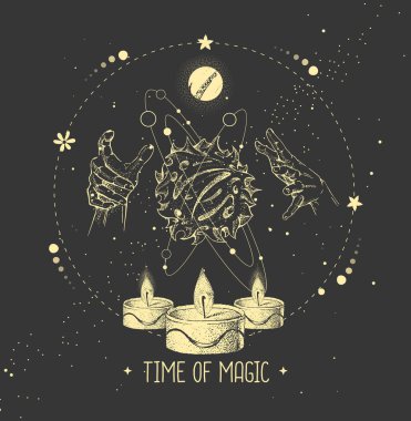 Büyücülük sihirli kartı astroloji güneş sistemi ve evreni kontrol eden eller