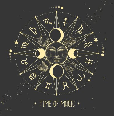 Uzay arka planında burç işaretleri olan modern büyücülük Astroloji Çarkı. Yıldız falı vektör çizimi