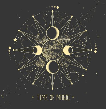 Uzay arka planında burç işaretleri olan modern büyücülük Astroloji Çarkı. Zodiac takımyıldızları. Yıldız falı vektör çizimi