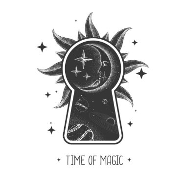 Dış uzay arka planında hilal ay olan sihirli büyü anahtar deliği silueti. Vektör illüstrasyonu