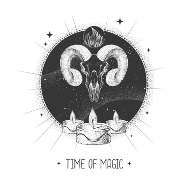 Astroloji arka planında hayvan kafatası olan modern büyücü taros kartı. Vektör illüstrasyonu