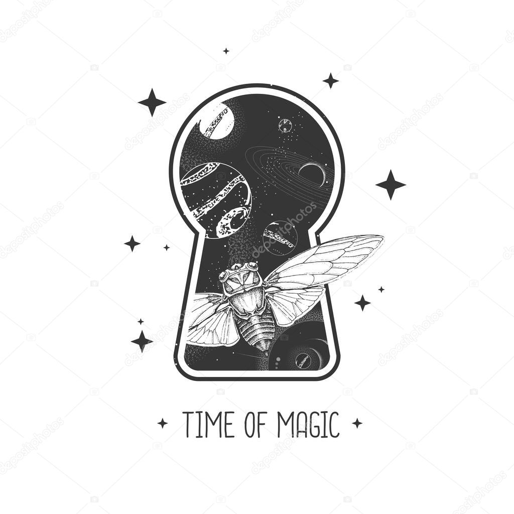 Magic witchcraft keyhole silhouette with butterfly on outer space background. Vector illustration