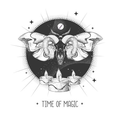 Kelebekli ve astroloji arka planında mum yakan modern büyü taros kartı. Vektör illüstrasyonu