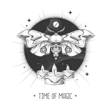 Kelebekli ve astroloji arka planında mum yakan modern büyü taros kartı. Vektör illüstrasyonu