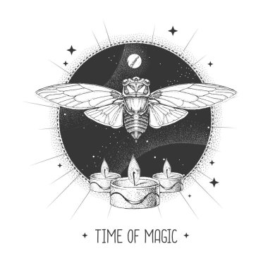 Kelebekli ve astroloji arka planında mum yakan modern büyü taros kartı. Vektör illüstrasyonu