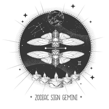Astroloji burcuyla modern büyü kartı. Gemini burcu. Gerçekçi el çizimi kelebek ya da ağustos böceği çizimi. Zodiac karakteristiği