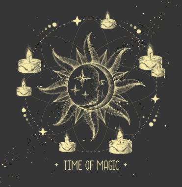Astroloji güneşi ve insan yüzlü ay işareti olan modern büyü kartı. Gündüz ve gece. Gerçekçi el insan yüzüyle güneş ve ayın çizimi