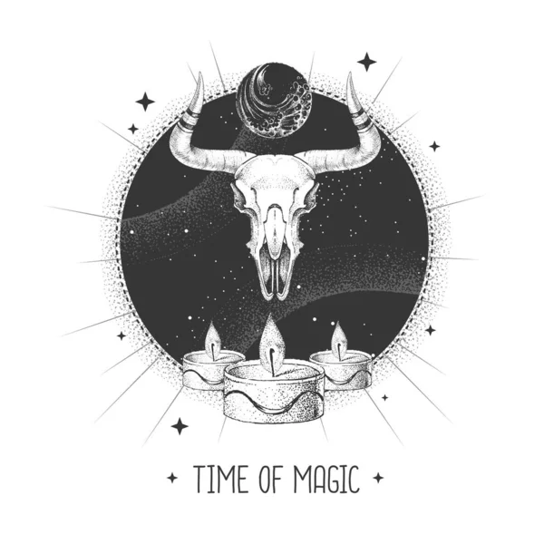 현대의 마술의 점성술 배경에 동물의 두개골과 일러스트 — 스톡 벡터