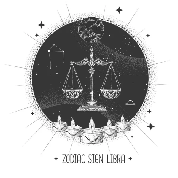 Tarjeta Brujería Mágica Moderna Con Astrología Signo Del Zodíaco Libra — Vector de stock