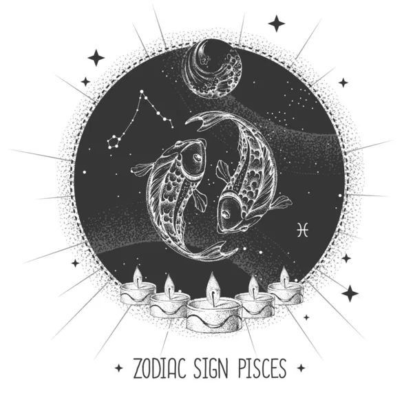 현대의 카드에 점성술 물고기자리 황도대 별자리가 손으로 물고기를 그림이다 십이궁의 — 스톡 벡터