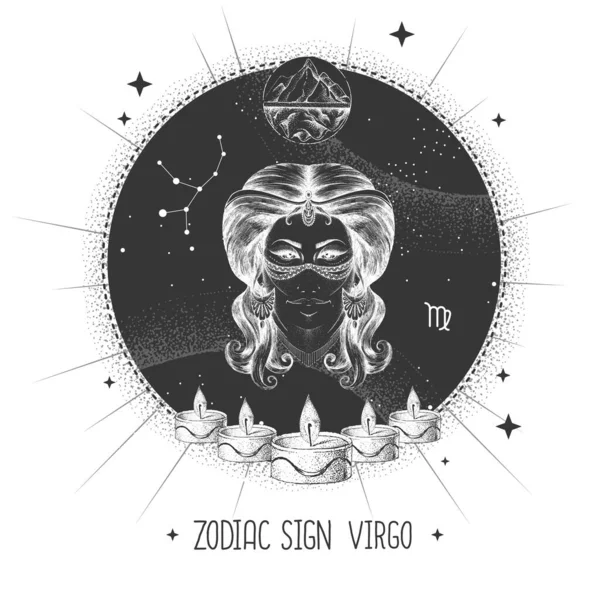 Modern Mágikus Mágia Kártya Asztrológiával Szűz Zodiákus Jel Reális Kézrajz — Stock Vector