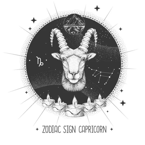 Magia Moderna Cartão Bruxaria Com Signo Zodíaco Astrologia Capricórnio Realista — Vetor de Stock