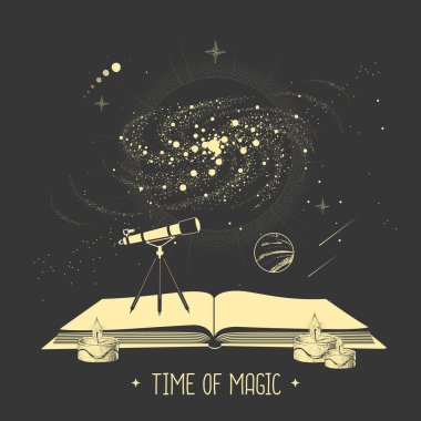 Modern büyü büyücülüğü, teleskopu, dış uzayı ve gezegenleri olan açık bir kitap. Vektör illüstrasyonu