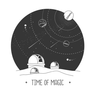 Gece gökyüzünde astroloji gözlemevi ve dış uzayı olan modern sihir kartı.