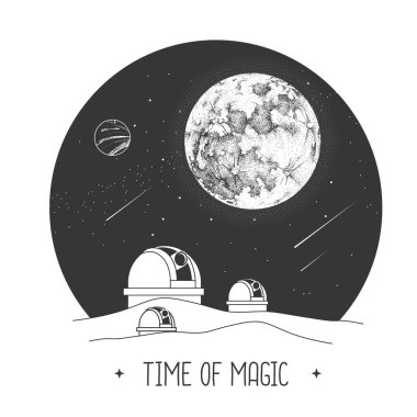 Astroloji gözlemevi ve gece gökyüzünde dolunay olan modern sihir kartı.