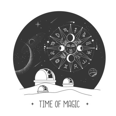 Astroloji gözlemevi ve burçlu astroloji çarklı modern büyü kartı.