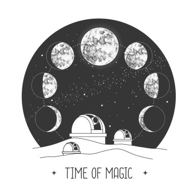 Astroloji gözlemevi ve gece gökyüzünde ay evreleri olan modern sihir kartı.