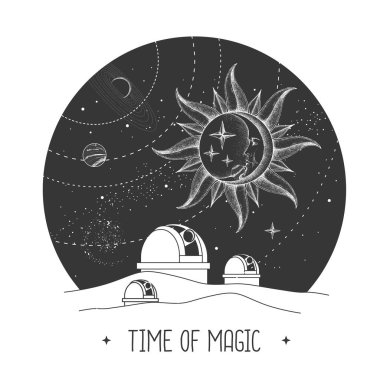 Astroloji gözlemevi ve insan yüzlü hilal şeklinde bir modern büyü kartı. Vektör illüstrasyonu