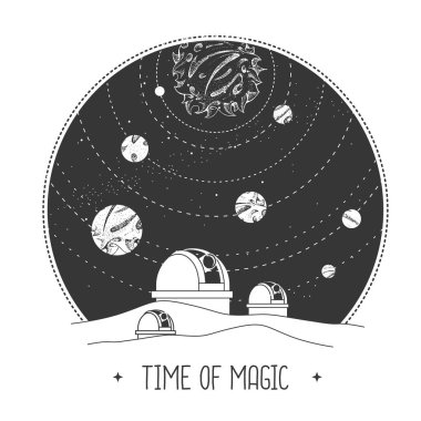 Gece gökyüzünde astroloji gözlemevi ve güneş sistemi olan modern sihir kartı.