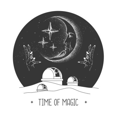Astroloji gözlemevi ve insan yüzlü hilal şeklinde bir modern büyü kartı. Vektör illüstrasyonu